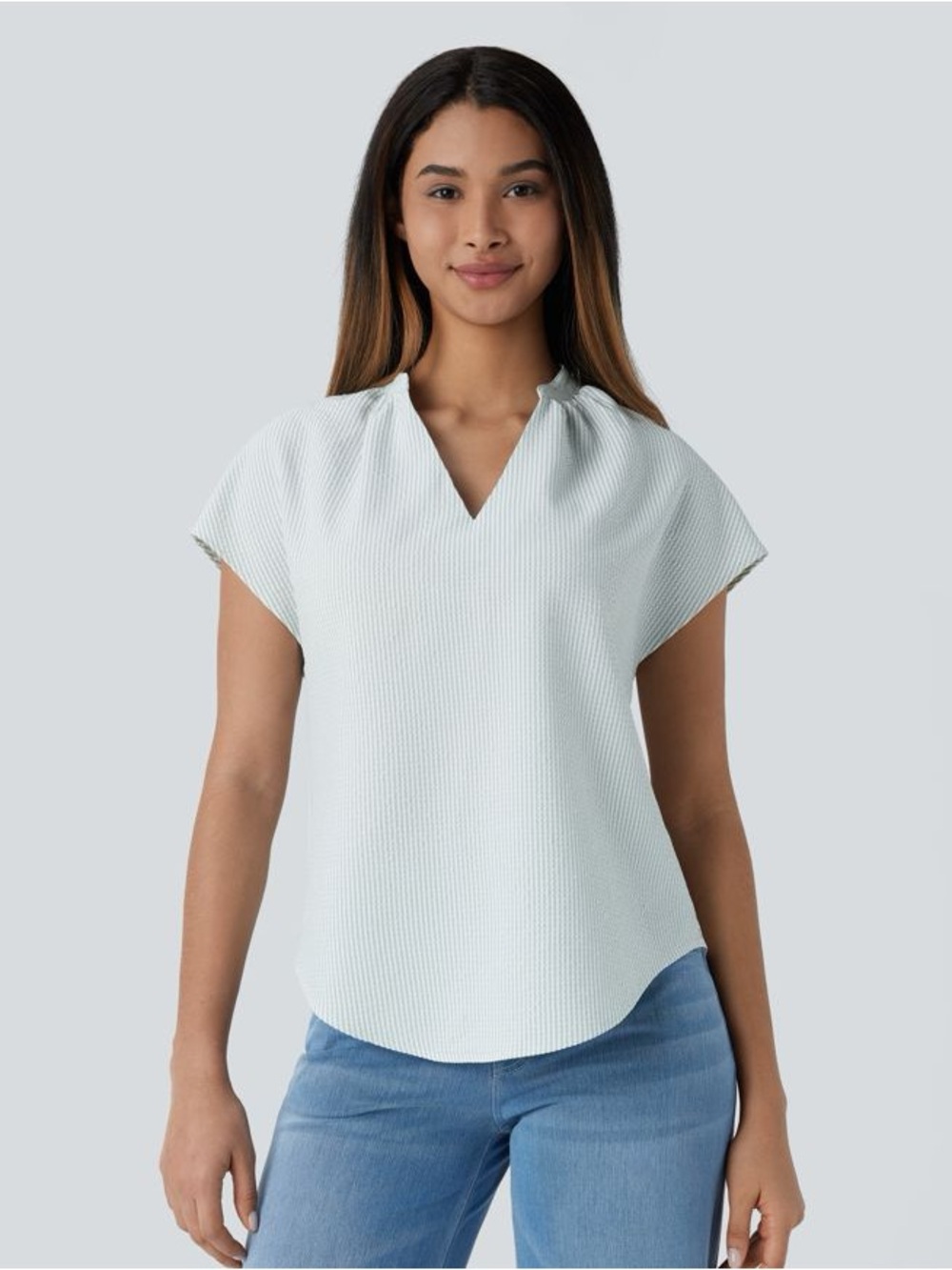 HALARA Light Mint V-Neck Short Sleeve Blouse